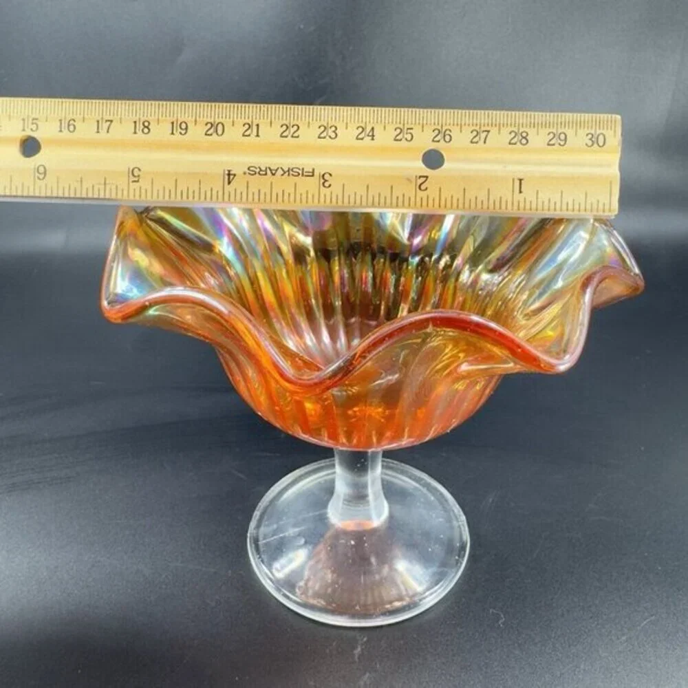 VTG Marigold Carnival Glass Iridescent Ruffled Pedestal Compote Footed Dish Bowl
